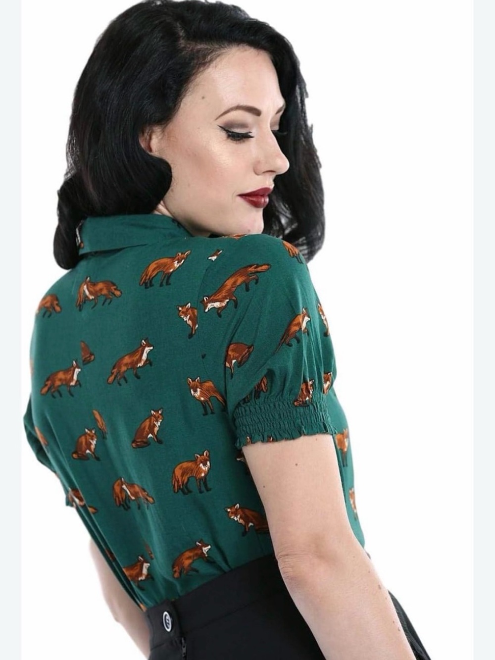 Hell Bunny Vixey Green Fox-Print Short Sleeve Button Down Shirt